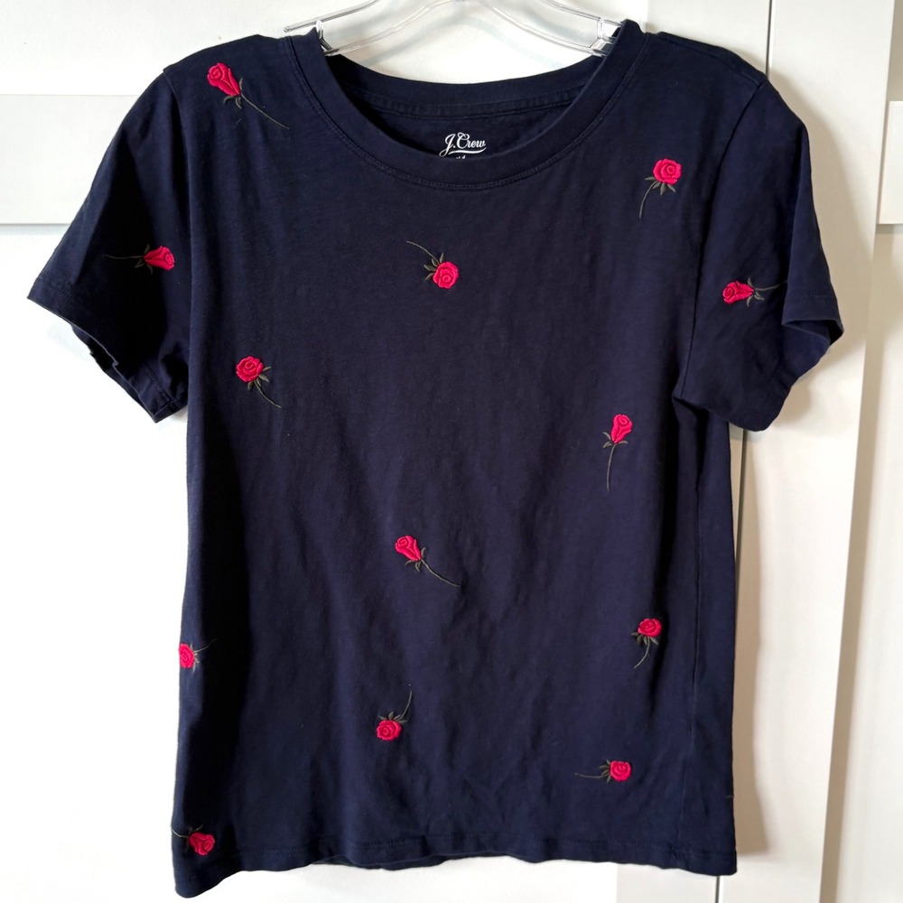 J. Crew Navy Tee Shirt with Rose Embroidery in Size S